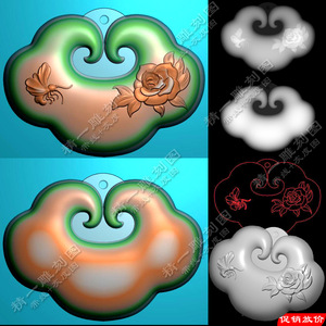 A-441玉雕牡丹蝴蝶平安锁挂件精雕图灰度图带线浮雕刻图.rar