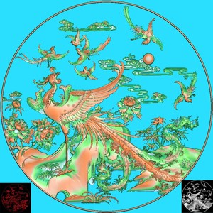 A-251木雕圆形花好月圆牡丹百鸟朝凤凰精雕图浮雕灰度圆台面板圆盘.