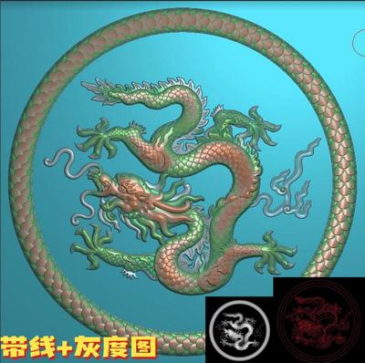 A-039圆形全身龙木雕背景图精雕图 玉雕图 浮雕灰度图JDP