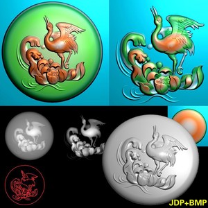 A-209一路连科荷花鸟精雕图圆形挂件牌子玉雕木雕bmp灰度图浮雕图.rar