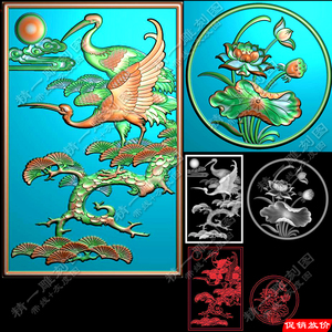 A-378精一雕刻图木雕家具设计元素圆形荷花餐椅背板松树仙鹤竖板带线灰度图.rar