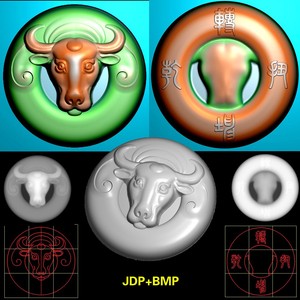 A-163圆形牛头扭转乾坤平安扣挂件精雕图带线灰度图bmp浮雕图车挂