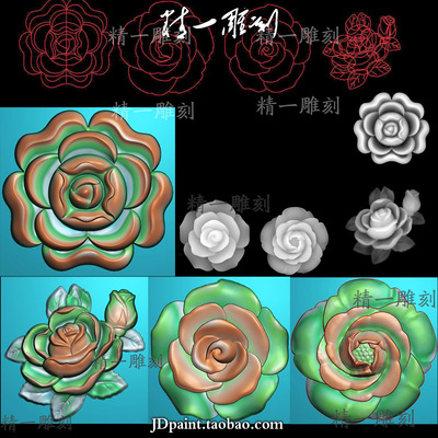 A-1501四款单朵月季玫瑰花精雕图带线.zip